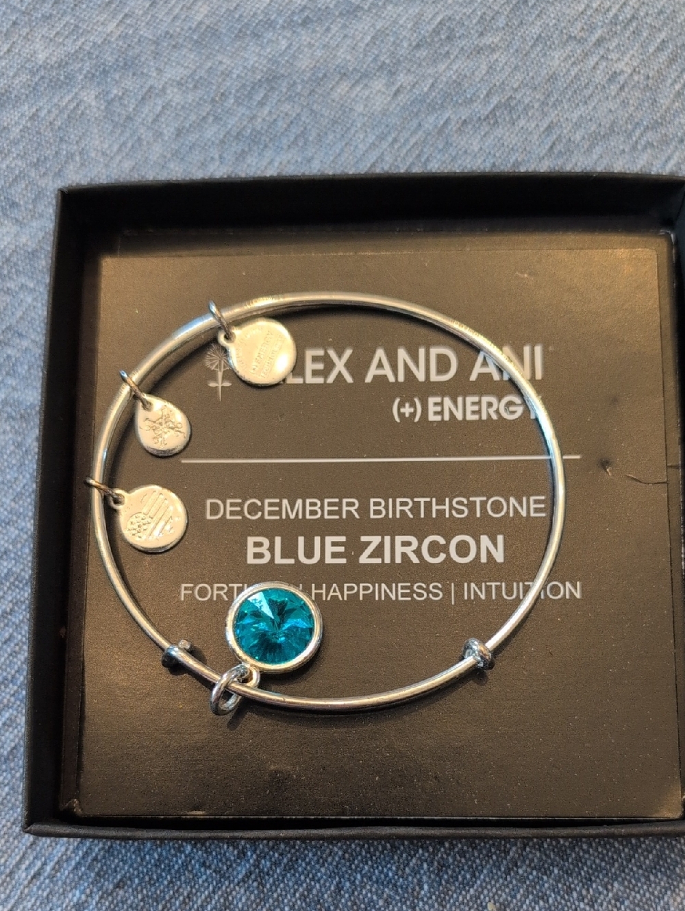 Alex and Ani Silver Bangle with Blue Zircon Charm